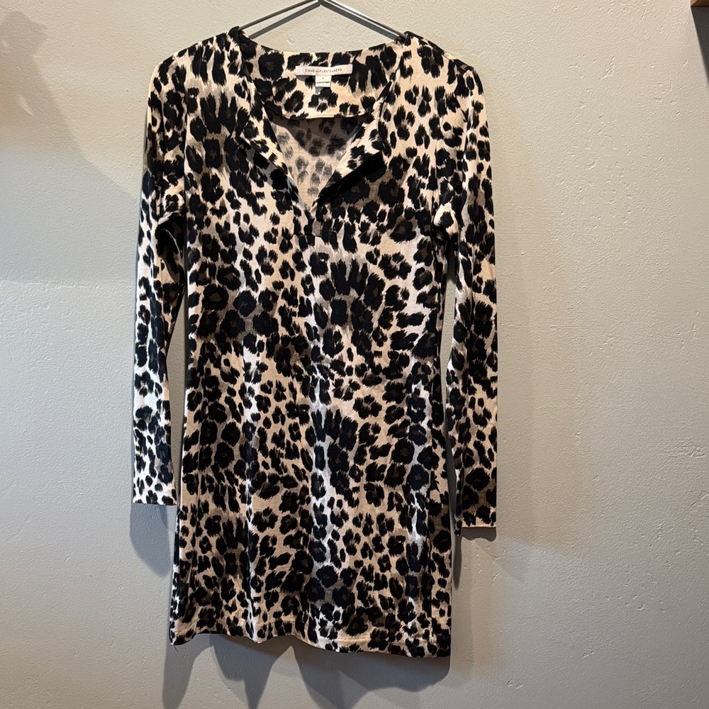 Diane von Furstenberg Leopard Print Long Sleeve Tunic Dress Black & Beige Midi
